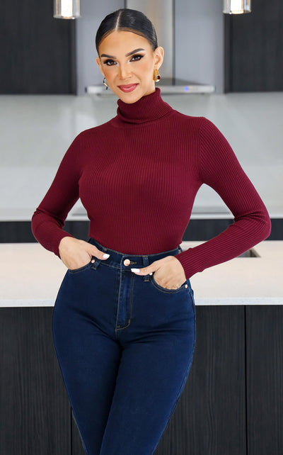 Winter Ribbed Turtle Neck Top Burgundy